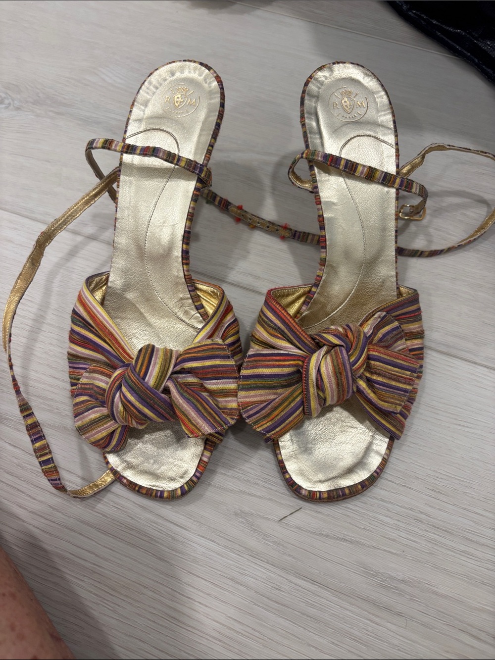 Rene Caovilla Gold Sandals with Multicolor Striped Bow Detail